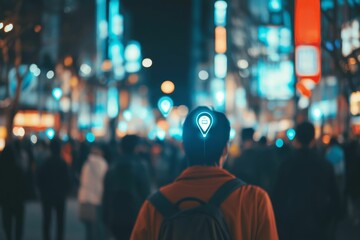 Fototapeta premium Person amidst city lights, location symbol above head.