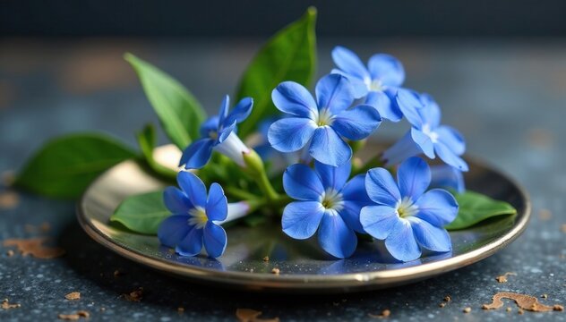 Blaue Glockenblume auf einem silbernen Tablett, gesund, silber