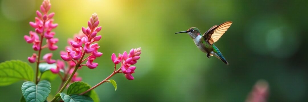 Anise hyssop's fragrance wafts towards a hovering hummingbird, hover, waft