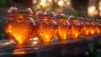 Row of Glass Jars Filled with Beautiful Fresh Flowers


