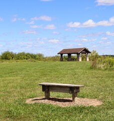 The empty flat bench in the park on a sunny day.