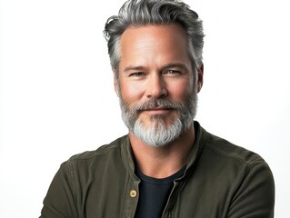 Obraz premium professional portrait of confident middle-aged man with distinguished gray hair and stylish beard against clean white background for men's grooming products