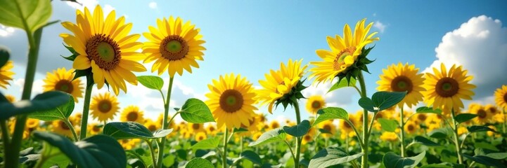 Obraz premium Tall sunflowers stretching towards the sky with bright yellow petals and dark centers, stems, flowers, nature