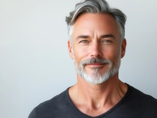Obraz premium professional portrait of confident middle-aged man with distinguished gray hair and stylish beard against clean white background for men's grooming products