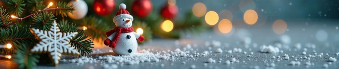Snowflake decorations surrounding a small snowman figurine, decorations, garland, festive