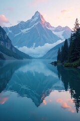 Serene lake waters reflect misty mountain peaks, tranquility, landscape