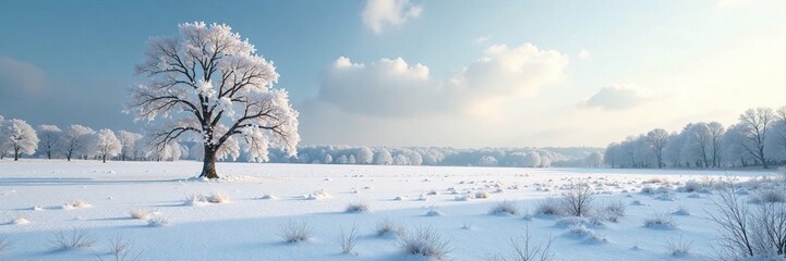 Snow-covered fields with bare trees and frosty sky, serene, landscape,
