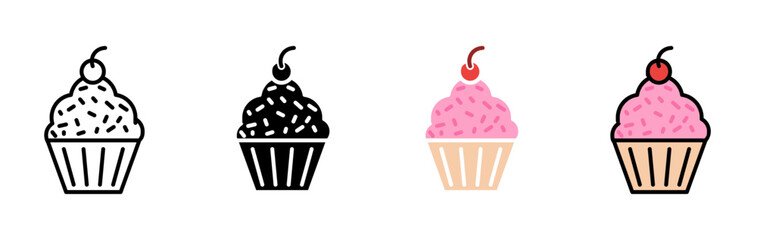 Cupcake icons set in black filled and stroke line style