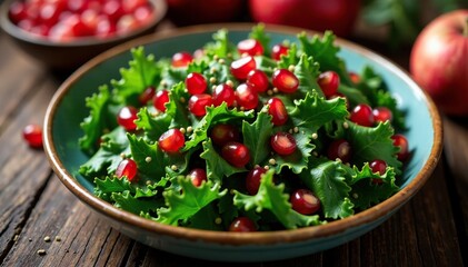 Kale and pomegranate seed salad in a festive arrangement, kale, cozy, autumnal