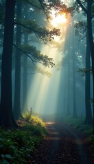 Fototapeta premium Softly glowing fog swirls through the forest trees, shimmering veil, natural glow, soft mist