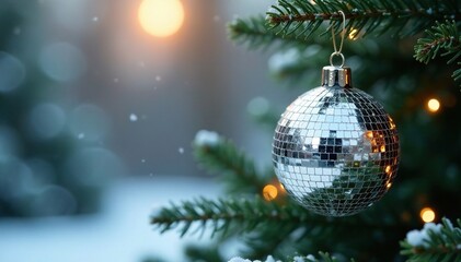 A delicate silver sphere suspended from the branches of a densely decorated evergreen, disco ball, holiday, snowy