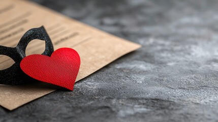 Fototapeta premium A red heart sitting on top of a piece of paper next to a mask