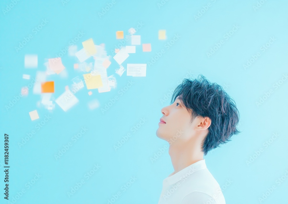 Poster korean man engaging with floating pastel financial documents in soft cyberpunk lighting