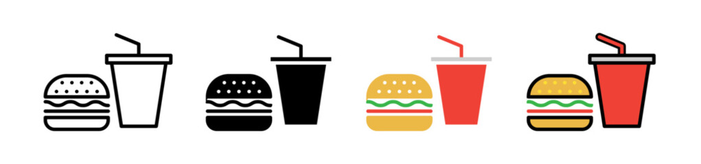 Hamburger and soft drink cup Icons vectors. black solid and liner versions