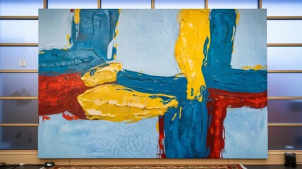 Abstract Modern Art Painting, Yellow, Blue, Red Canvas Texture