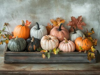 rustic autumn harvest display with heirloom pumpkins and fall foliage on weathered wooden table, perfect for seasonal product photography and marketing