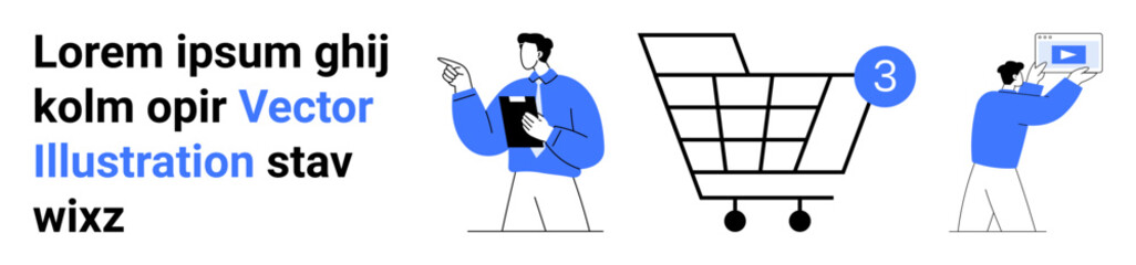 Text block, man holding clipboard and pointing, shopping cart with a number 3, person working on laptop. Ideal for e-commerce, digital interface, customer service, retail, business analysis, online