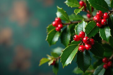 Obraz premium Evergreen holly branches with bright red berries, festive decor, red berries, holly