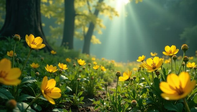 Flor amarilla envuelta por niebla y visos ligeramente oscuros, solsticio, misterio