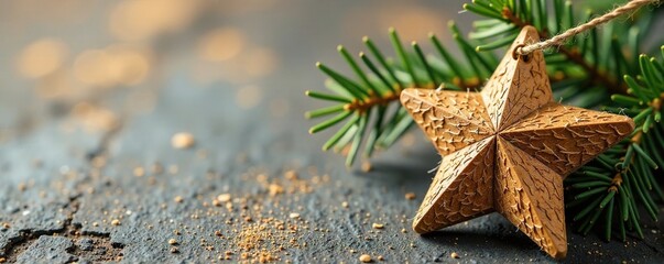 Natural fiber jute star ornament on craft paper backdrop, ornament, christmas