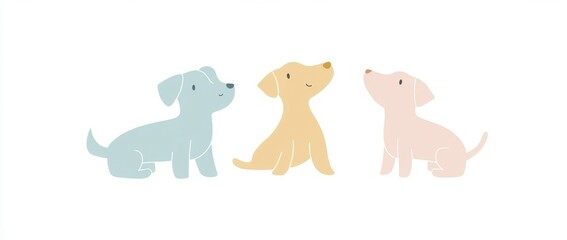 Obraz premium Cute, simple clipart of dogs in various poses and sizes, in pastel colors on a white background, with a minimalistic design featuring large shapes, suitable for nursery art Generative AI