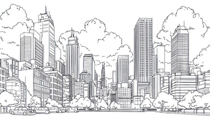 Cityscape sketch, urban development, skyline, clouds, trees, cars, architectural design, planning