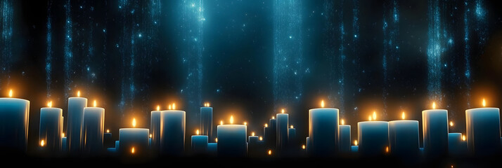 Flaming blue candles at night on dark background with stars and lights. Candles in Christian church as catholic symbol. Abstract festive backdrop. Christmas eve or Chanukah banner with copy space
