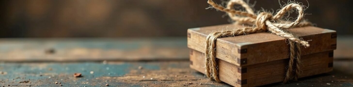 Rustic wooden gift box with a jute rope and twine, wrapping, jute rope