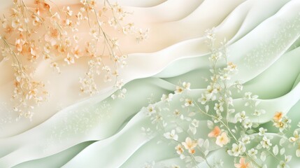 Soft springtime floral wave design light peach and sage green high detail art airy textures pastel aesthetics
