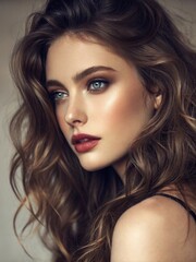 Glamorous young woman with flowing wavy hair and captivating eyes showcasing elegance and beauty indoors