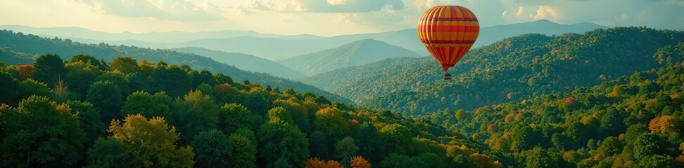 Naklejka premium A hot air balloon drifting above a lush forest canopy, shaded, woodland