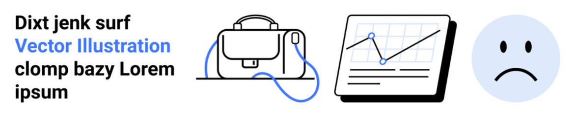 Black briefcase, a data chart with line graph, and sad face in blue circle. Ideal for business reports, presentations, website designs, marketing, educational materials, social media, and app