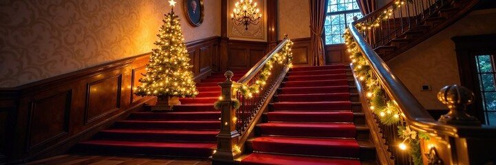 Grand staircase with festively lit fir tree on the landing, decorated banister, Fir tree
