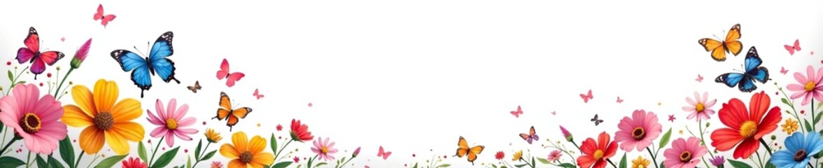 Obraz premium White background with colorful flowers and butterflies, colorful, butterflies