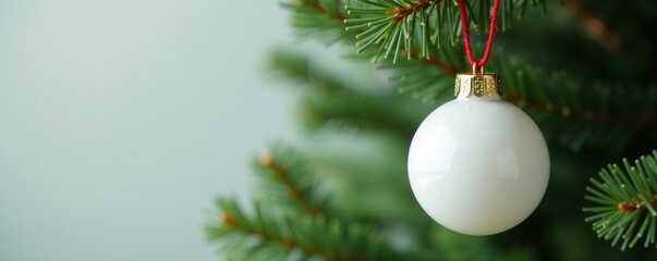 White ceramic sphere with a loop of bright crimson thread hangs from a coniferous twig, Christmas tree, ornament, red thread