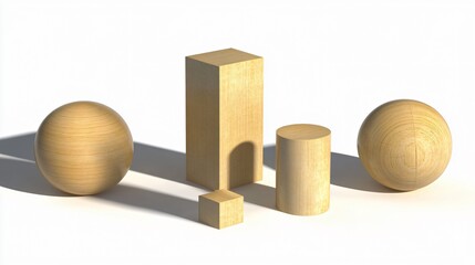 Wooden Geometric Shapes, Sphere, Cube, Cylinder, and Rectangular Prism