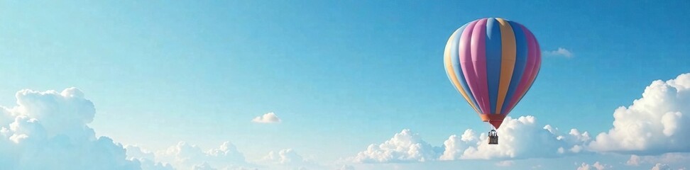 Naklejka premium Hot air balloon suspended high above ground level amidst clear blue skies and fluffy white clouds, cloudy sky, hot air balloon