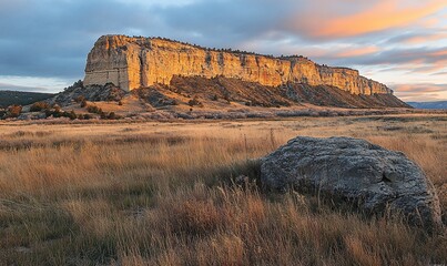 Golden hour cliff, plains, sunset landscape