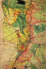 Obraz premium Aged city map, roads, parks, colored zones.