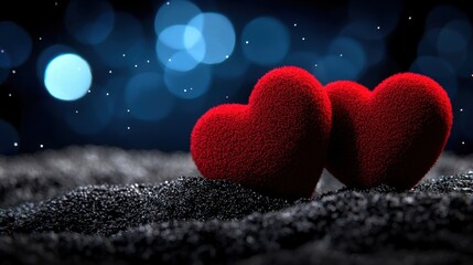 Fototapeta premium two red hearts on black sand with blue lights in the background