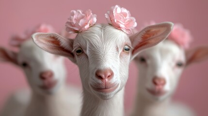 Obraz premium A group of three white goats with pink flowers on their heads