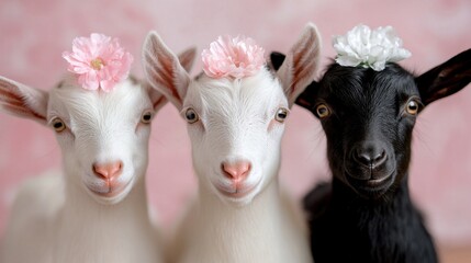 Obraz premium Three goats with flowers on their heads looking at the camera