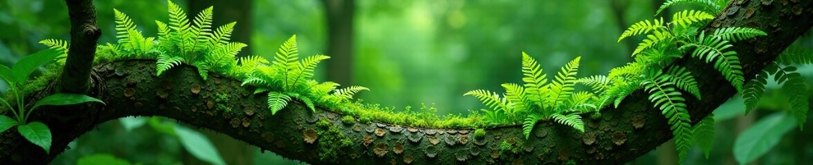 Lush green ferns tangled around tree branches, fern, greenery
