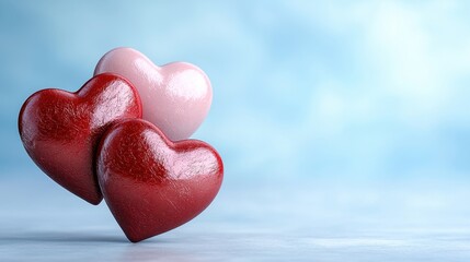 Fototapeta premium Three red and pink hearts on a blue background