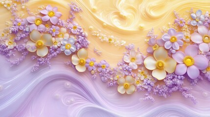 Fototapeta premium Cheerful pastel floral wave design digital art uplifting environment high detail light yellow and lavender gradients