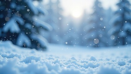 Snowflakes gently falling on a winter landscape, serene scene, snowy background, frosty morning