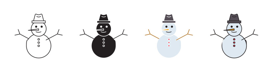 Snowman icon set in black filled and stroke line style.