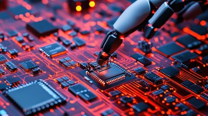 Robotic arm installing a microprocessor on a circuit board.