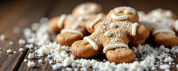 A gingerbread cookie half-covered in white chocolate shavings, gingerbread, dessert, cookies