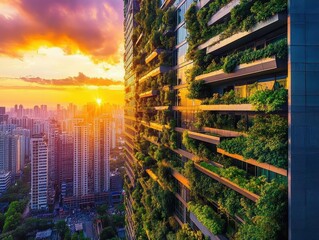 Obraz premium sustainable smart city of tomorrow with vertical gardens, solar-powered buildings, and green transportation systems in vibrant sunset